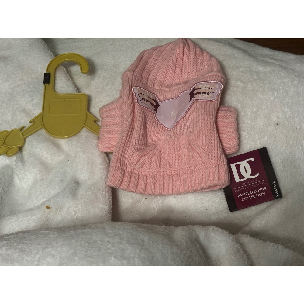 Dickens Closet Pampered Pink Dog Hoodie Sweater Ribbed Knit Heart Wings XS